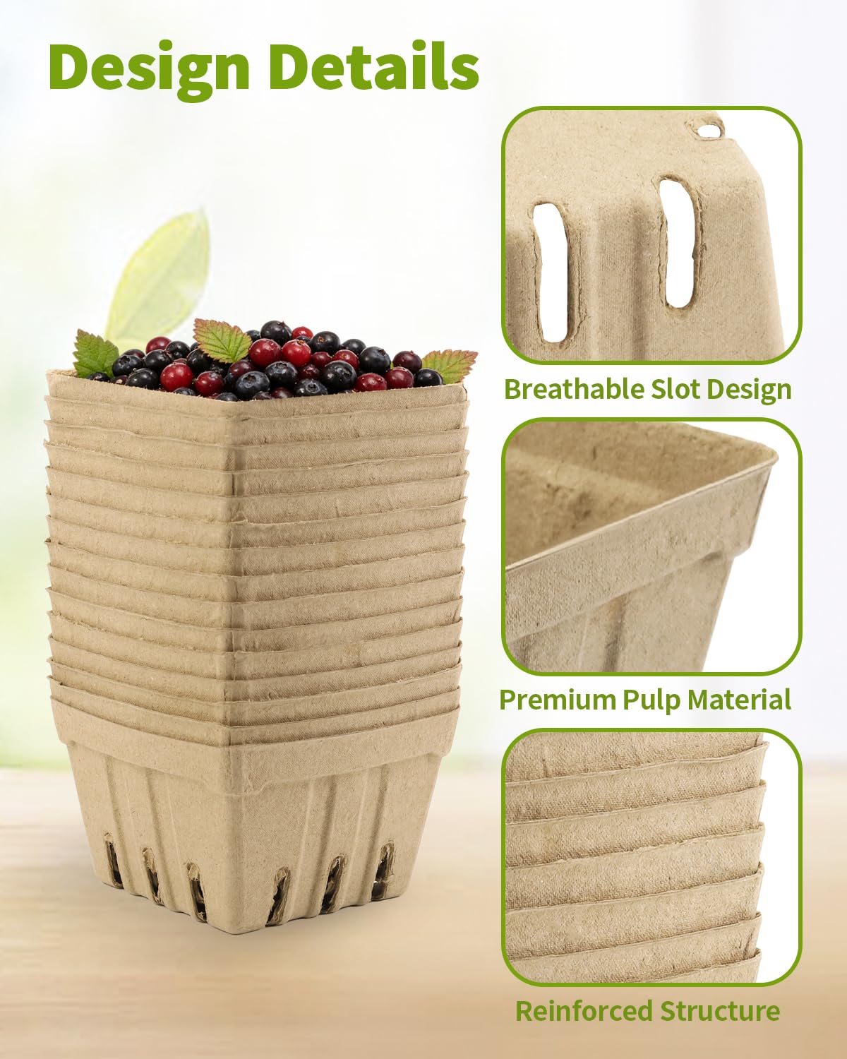 30 Pack Natural Pulp Fiber Berry Basket (4.3x4.3x2.75 Inch), Natural Pulp Produce Baskets & Berry Containers, Vented Strawberry Baskets for Farmers Market Decor, Grocery Store and Kitchen Display Tawny 1Pint 30