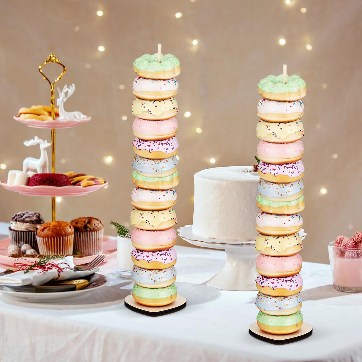 BESTYASH Wooden Donut Display Stand 15 Bases and 15 Rods Dessert Table