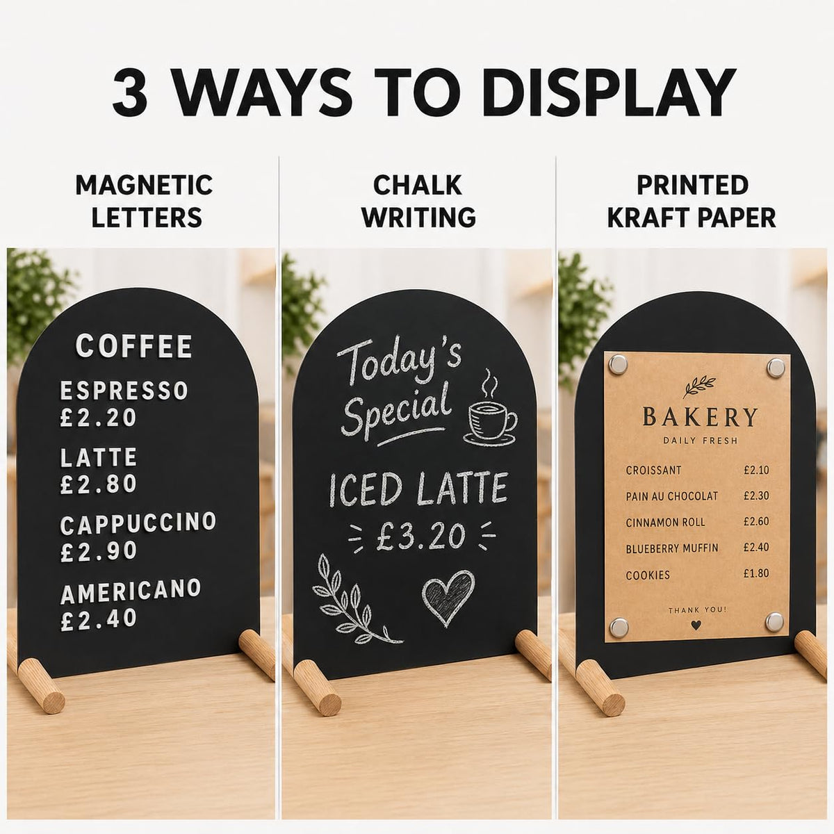 Tabletop Menu Display Stand with Magnetic Letters and Writable Board Matte Black Metal A5 Horizontal (11 × 6.7 in)