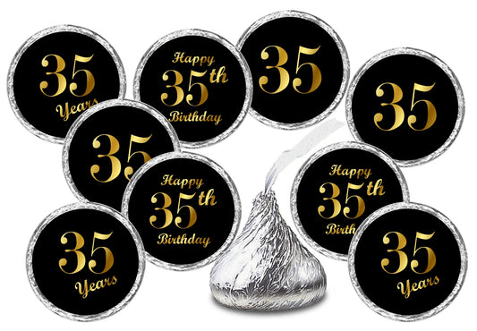 35th Birthday Black Kisses Stickers, (Set of 216) Chocolate Drops Labels Stickers for 35 Birthday, Party Favors Decor for Kisses. Made in USA,