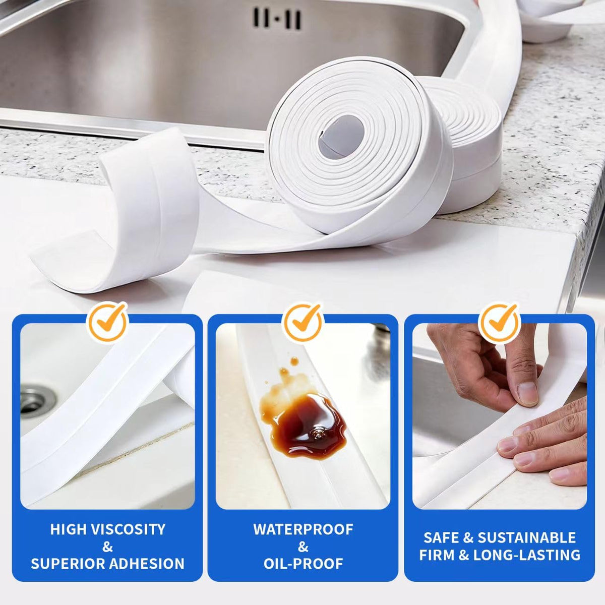 3 Rolls Caulking Tape, Self Adhesive Waterproof Seal Strip for Kitchen Bathroom Sink Tub Toilet, Caulk Sealer Around Base Strip for Wall Corner Edge Protector, 10.5Ft x 1.5In (Clear) Clear