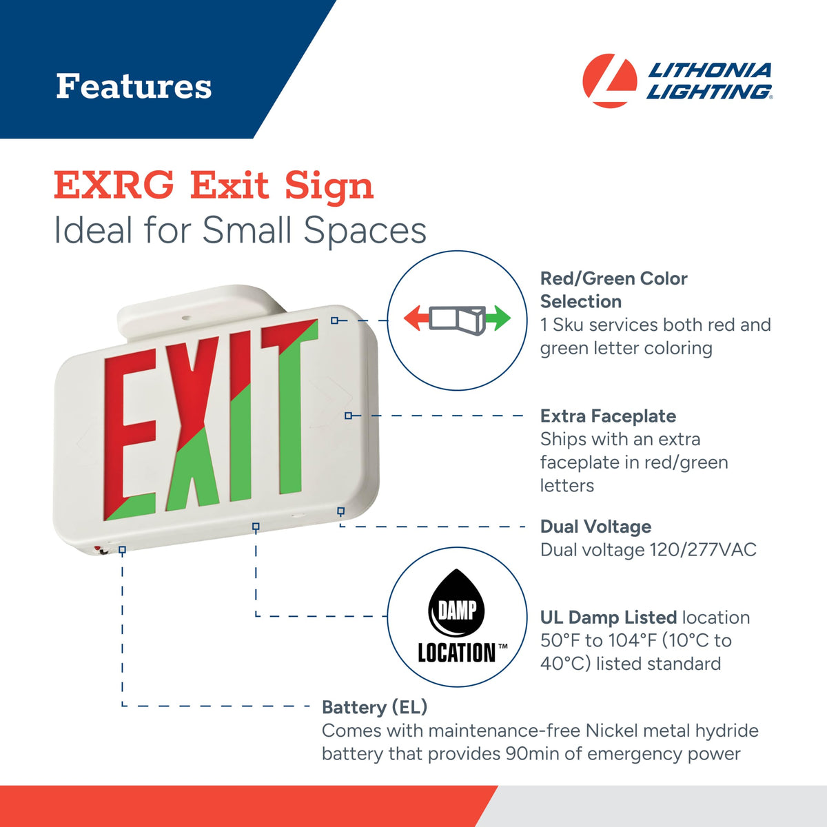 Lithonia Lighting Single-Sided LED Exit Sign, Switchable Red Green, White 11.63" | Sign Only (Ni-Cd Battery)