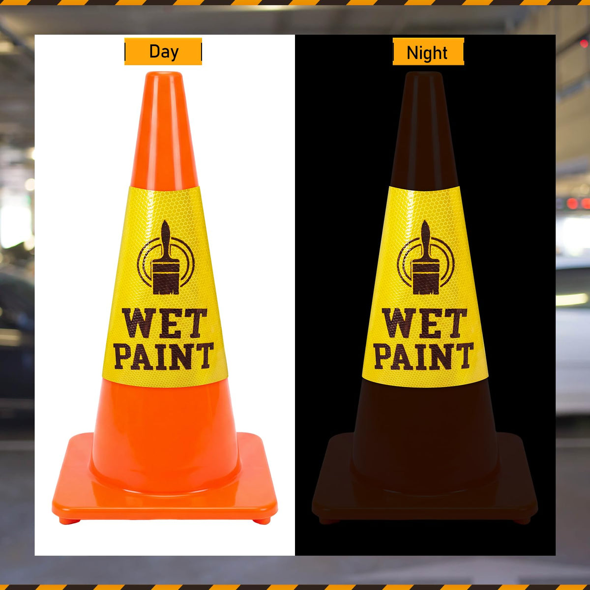 BreezeHug 12 Pcs Wet Paint Reflective Cone Message Stickers - Reserved Parking with Symbol Adhesive Vinyl Signs Stickers Labels, 360° Degree Visibility, 3 Side Printing for Traffic Safety Cones