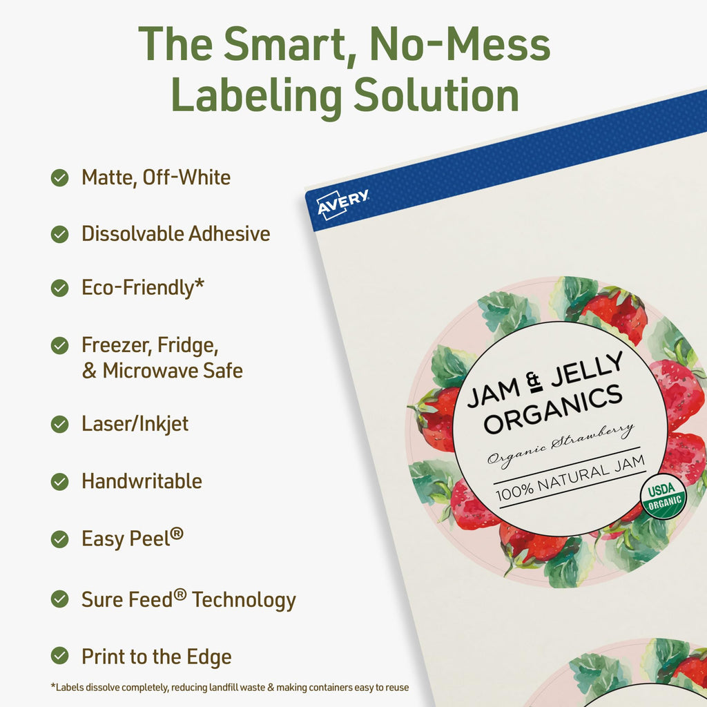Avery Dissolvable Round Labels, Sure Feed Technology, 3.5" Diameter, Matte White, Print-to-The-Edge, Laser/Inkjet Printable, 40 Labels Total