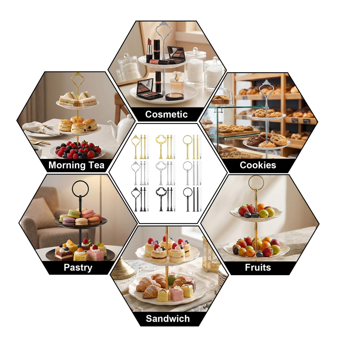 9 Sets 3 Tier Tray Hardware Kit Cake Stand Hardware for DIY Serving Stand, Tiered Plate with Round Crown Sunflower Style in Gold Silver Black, Heavy Metal Fittings for Dessert Cupcake Fruit Tray