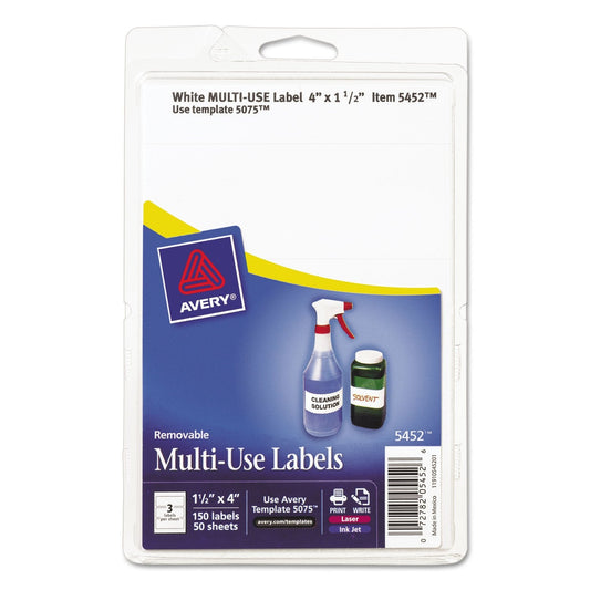 Avery 05452 Removable Multi-Use Labels, 1 1/2 x 4, White, 150/Pack