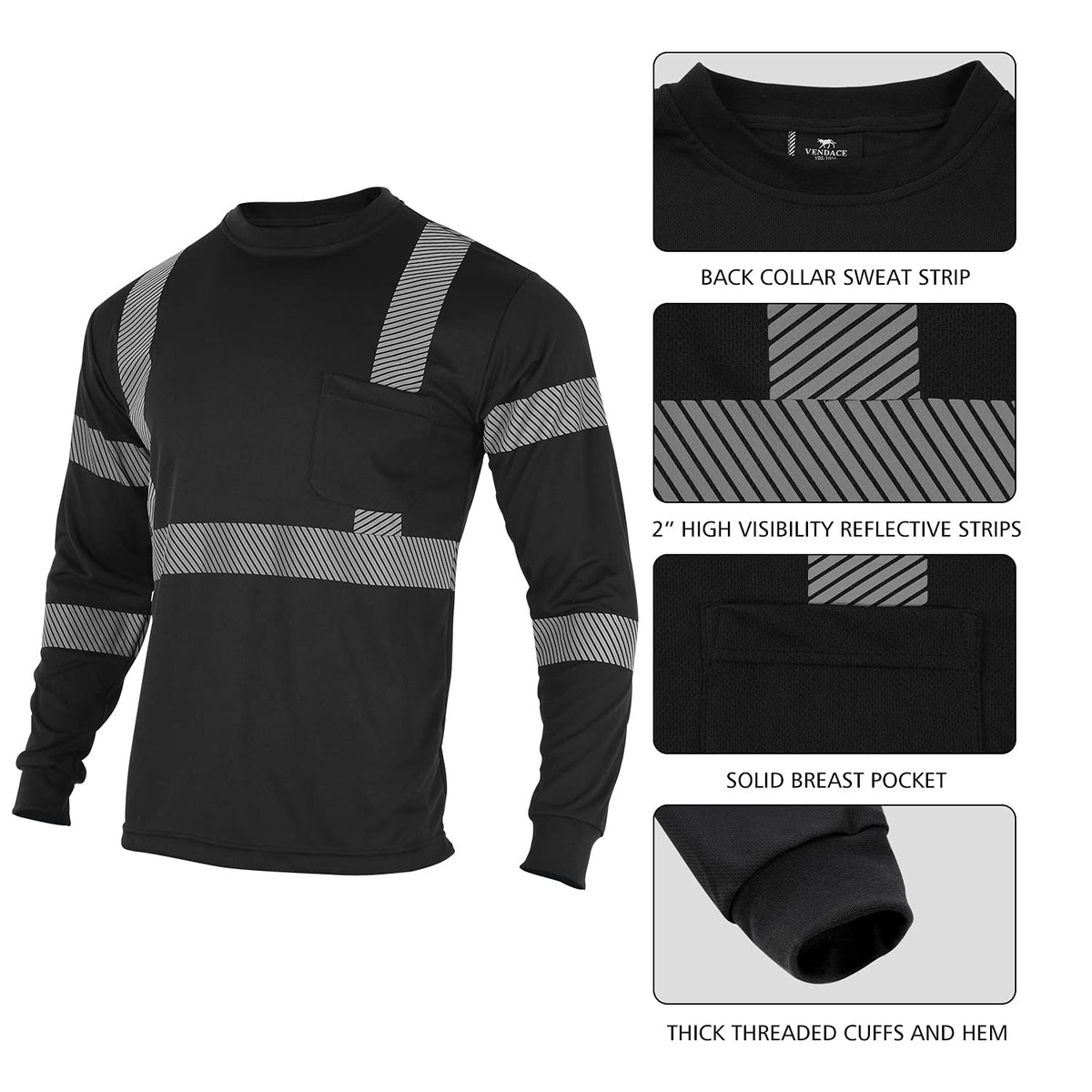 VENDACE Safety Reflective High Visibility Long Sleeve Shirts ANSI Class 3 Hi Vis Construction Work T Shirts for Men Large Black