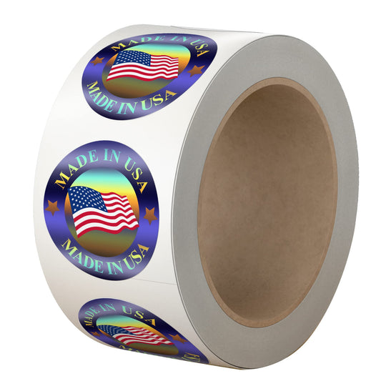 Made in USA Hologram Flag Labels 1-Inch Round American Stickers, 2 Colors (Blue and Red) Glossy Silver Metalized, 500 PCS Per Roll for Product and Package Labeling (1 Roll)