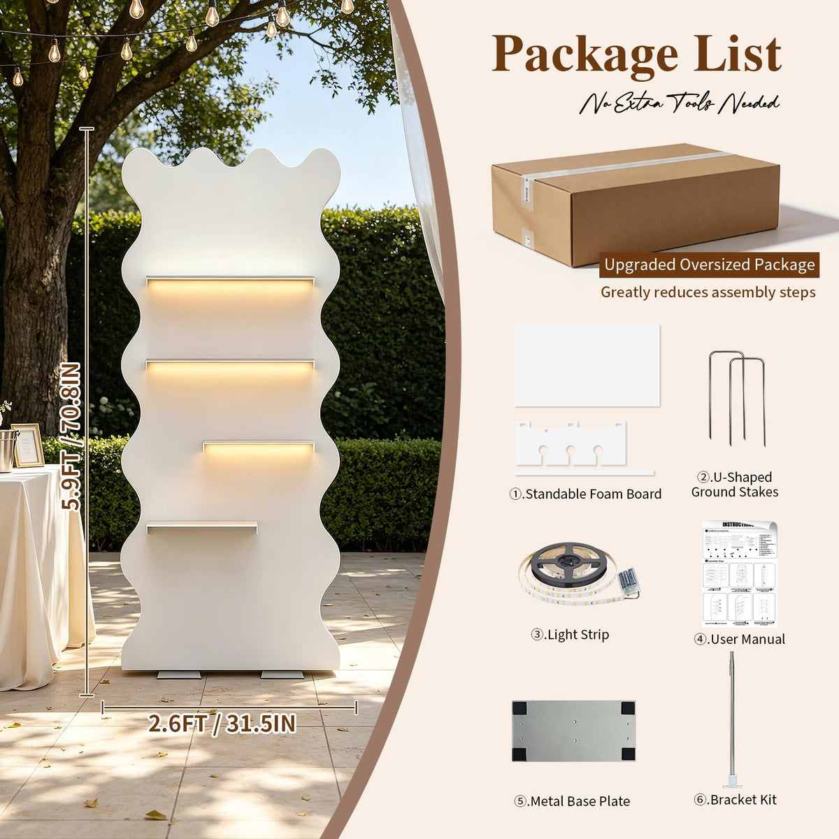 6FT Champagne Wall Holder with LED Light, Party Birthday Event Décor, Wavy Arch 6FT(180cm)