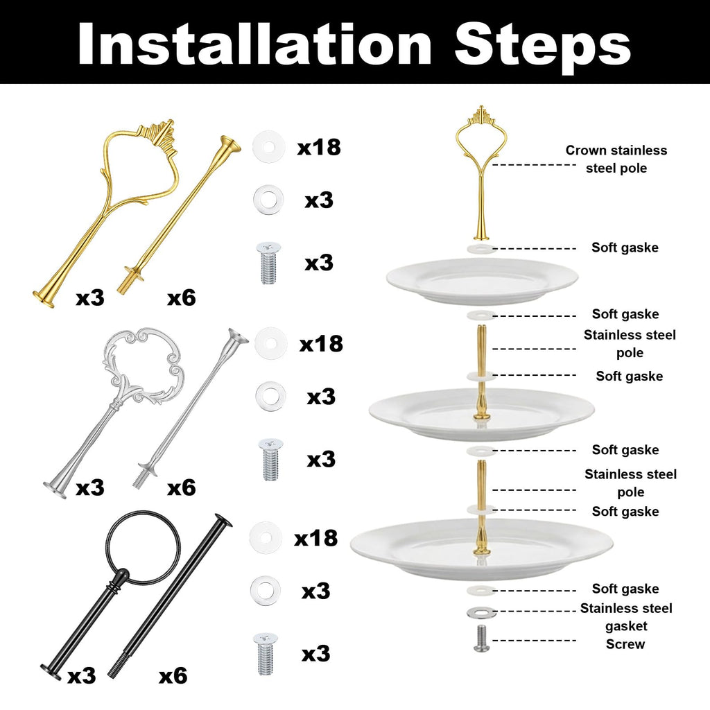 9 Sets 3 Tier Tray Hardware Kit Cake Stand Hardware for DIY Serving Stand, Tiered Plate with Round Crown Sunflower Style in Gold Silver Black, Heavy Metal Fittings for Dessert Cupcake Fruit Tray