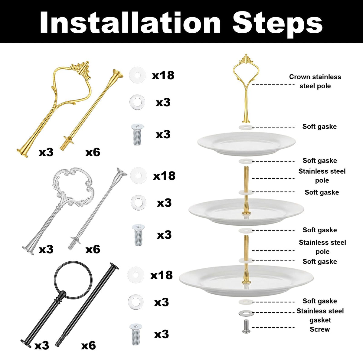 9 Sets 3 Tier Tray Hardware Kit Cake Stand Hardware for DIY Serving Stand, Tiered Plate with Round Crown Sunflower Style in Gold Silver Black, Heavy Metal Fittings for Dessert Cupcake Fruit Tray