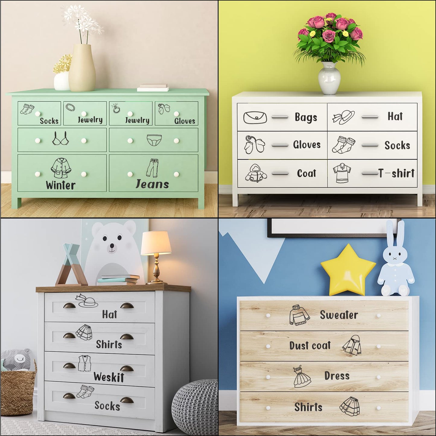 Spakon 9 Sheets Dresser Clothing Labels Removable Drawer Clothes Design Decals Wardrobe Decorative Bedroom Clothes Drawer Stickers for Organizing Decoration