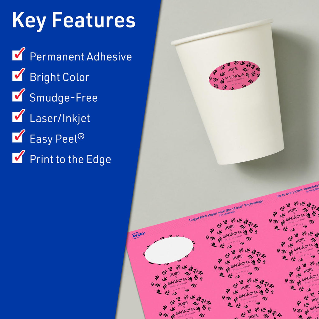 Avery® Printable Oval Labels, Sure Feed® Technology, 1-1/8" x 2-1/4", Bright Pink Labels, Print-to-The-Edge, Laser/Inkjet Printable, 420 Total, Great for Soaps and Candles 420 labels