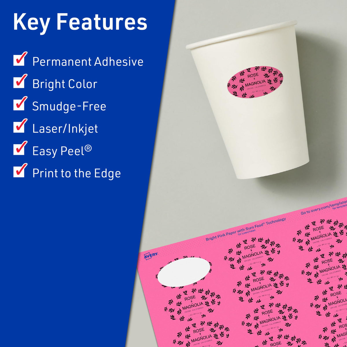 Avery® Printable Oval Labels, Sure Feed® Technology, 1-1/8" x 2-1/4", Bright Pink Labels, Print-to-The-Edge, Laser/Inkjet Printable, 420 Total, Great for Soaps and Candles 420 labels