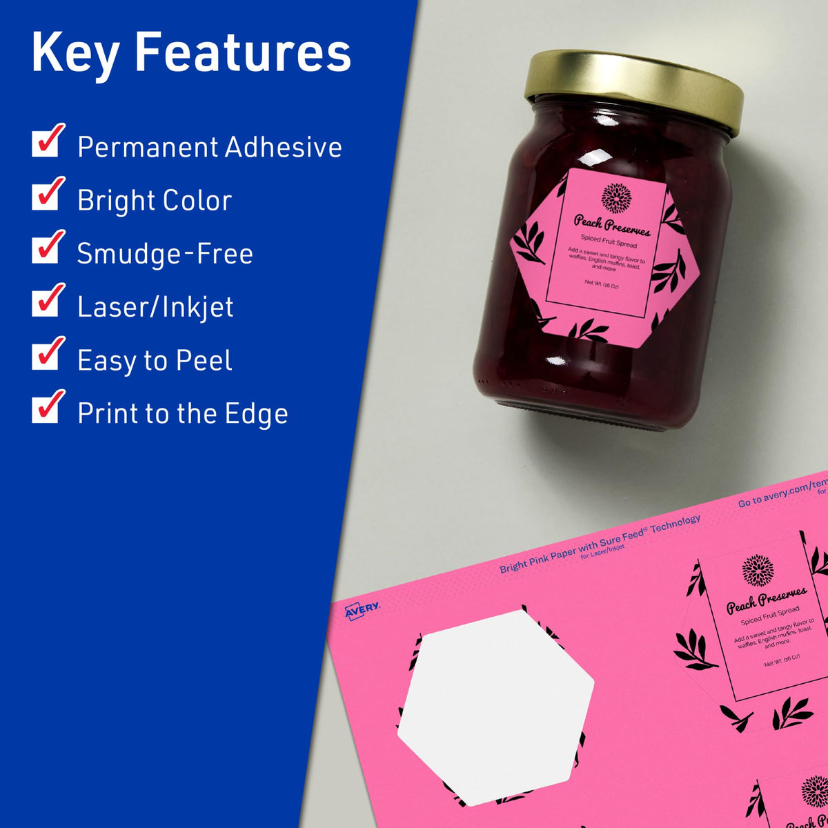 Avery® Printable Hexagon Labels, Sure Feed® Technology, 2-1/2" x 2-57/64", Bright Pink Labels, Print-to-The-Edge, Laser/Inkjet Printable, 120 Total, Great for Cosmetics and Jars 120 labels