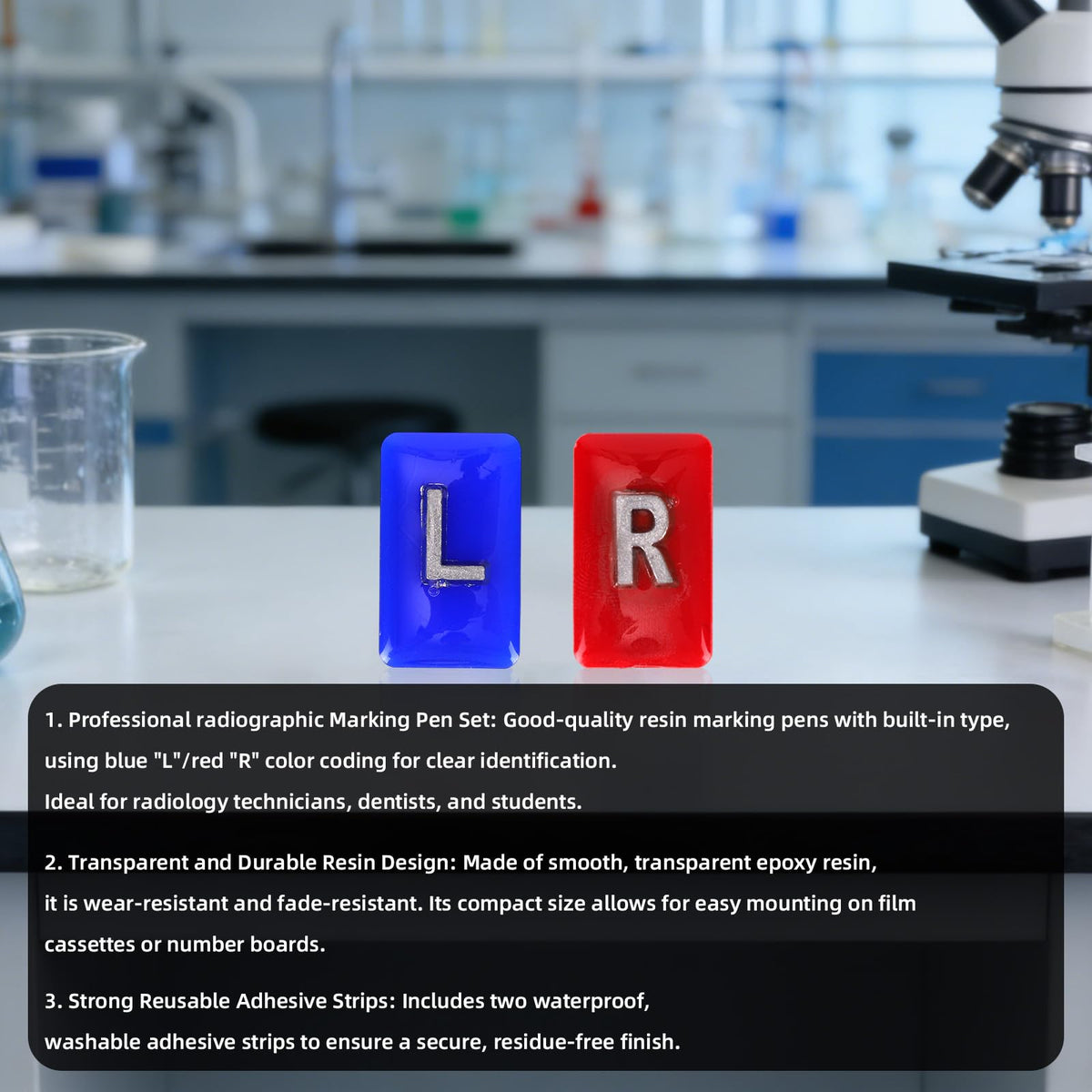 2pcs Radiographic Ray Markers with 8pcs Adhesive Strips, Clear Epoxy Resin with Letters L & R Reusable & Washable Small Rectangle Radiology Markers for Secure Attachment
