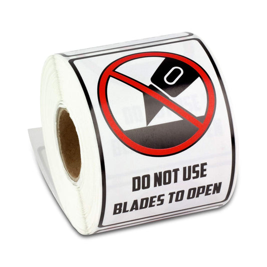 600 Do Not Use Blades to Open Stickers - 2 x 3 inch, Do Not Use Sharp Obejcts Labels - Warning Instructio with Strong Adhesive - 2 Rolls of 300 Labels