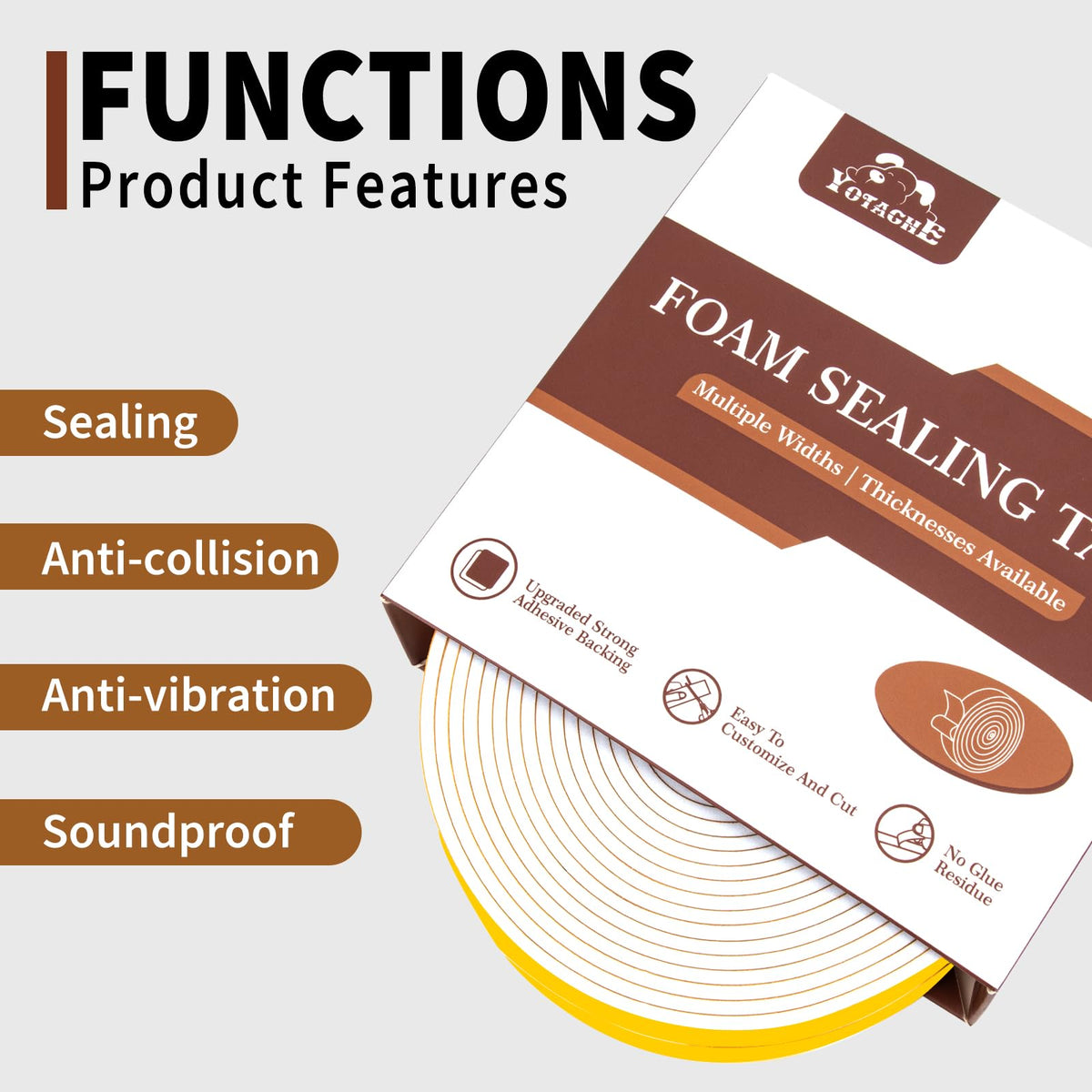 Yotache White Foam Rubber Seal Strip Tape 2" x1/8", Adhesive Closed Cell Foam Weather Stripping Tape, Total 16 Feet Long 2"x1/8"x16 FT