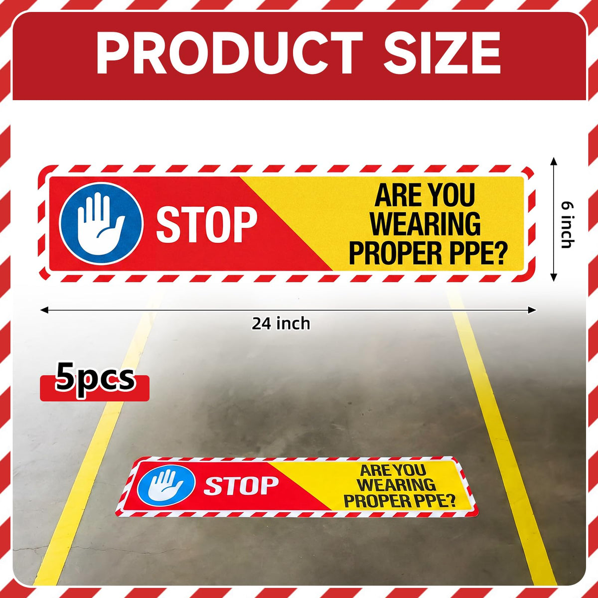 Sabary 5 PCS Stop Are You Wearing Proper PPE Sign, 26" x 6" Floor Sticker