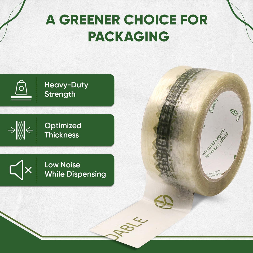 Biodegradable Packing Tape | Plant-Based Cellulose Packaging Tape | Heavy Duty All-Purpose Adhesive for Shipping, Moving, Office, Crafts | Easy-Tear, Low-Noise, Clear - 3pk 1.93 in x 70 yds 1.93 in (Printed) 3