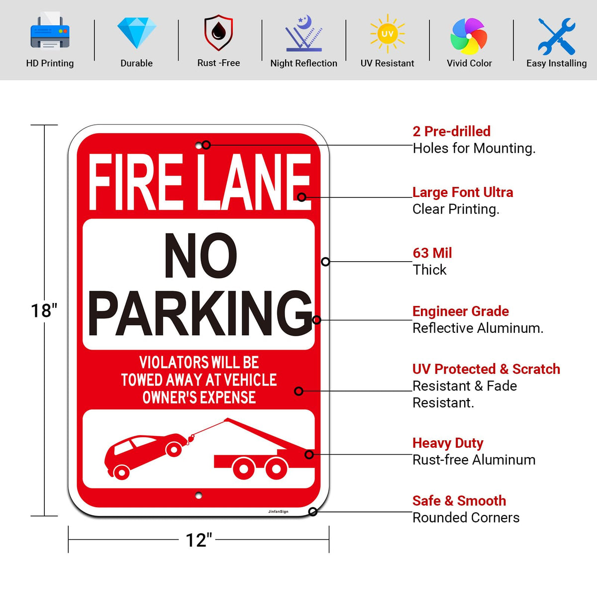 (2 Pack) Fire Lane No Parking Signs, Violators Will Be Towed Away Sign