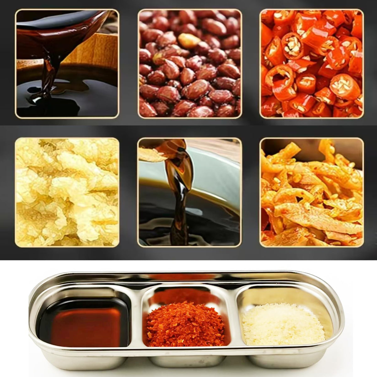 6 Pcs Stainless Steel 3-Compartment Condiment Tray – Korean Style Soy Sauce Dish for BBQ, Banchan, Spices, Salt, Sugar – Stackable Divided Server for Home & Restaurant Use