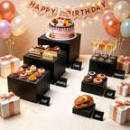 6PCS Buffet Risers,Food Display Stands with Mini Sign and Marker,for Buffet Table,Black Acrylic Cube Boxes Nesting Risers,Hollow Bottoms,for Cake Catering Dessert Party(8",7",6",5",4",3") Black with Sign