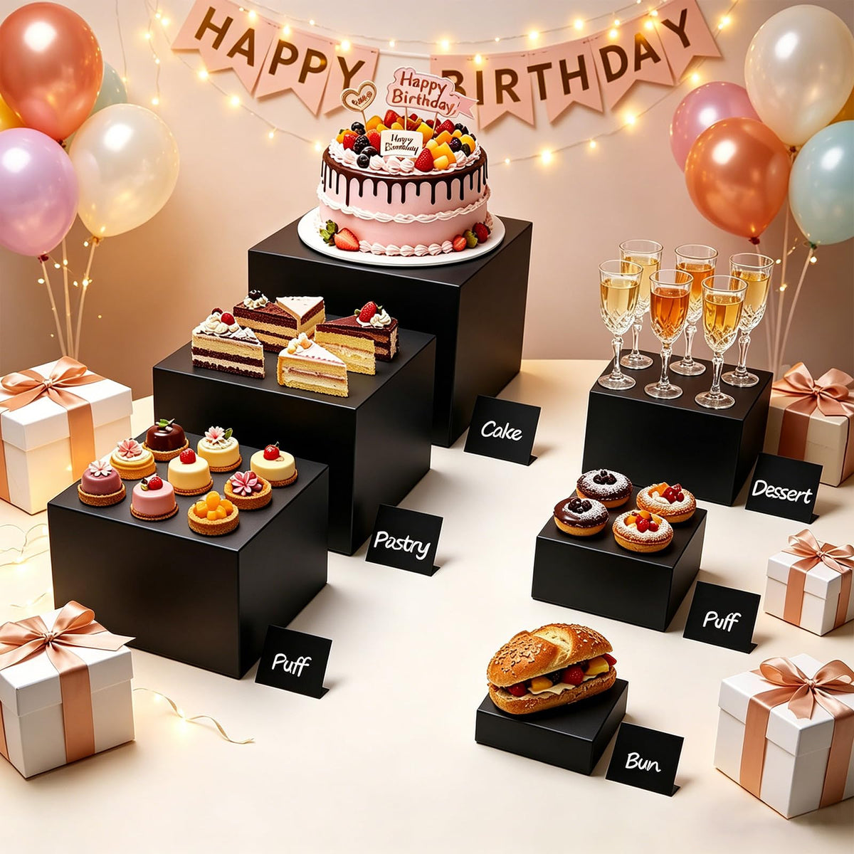 6PCS Buffet Risers,Food Display Stands with Mini Sign and Marker,for Buffet Table,Black Acrylic Cube Boxes Nesting Risers,Hollow Bottoms,for Cake Catering Dessert Party(8",7",6",5",4",3") Black with Sign