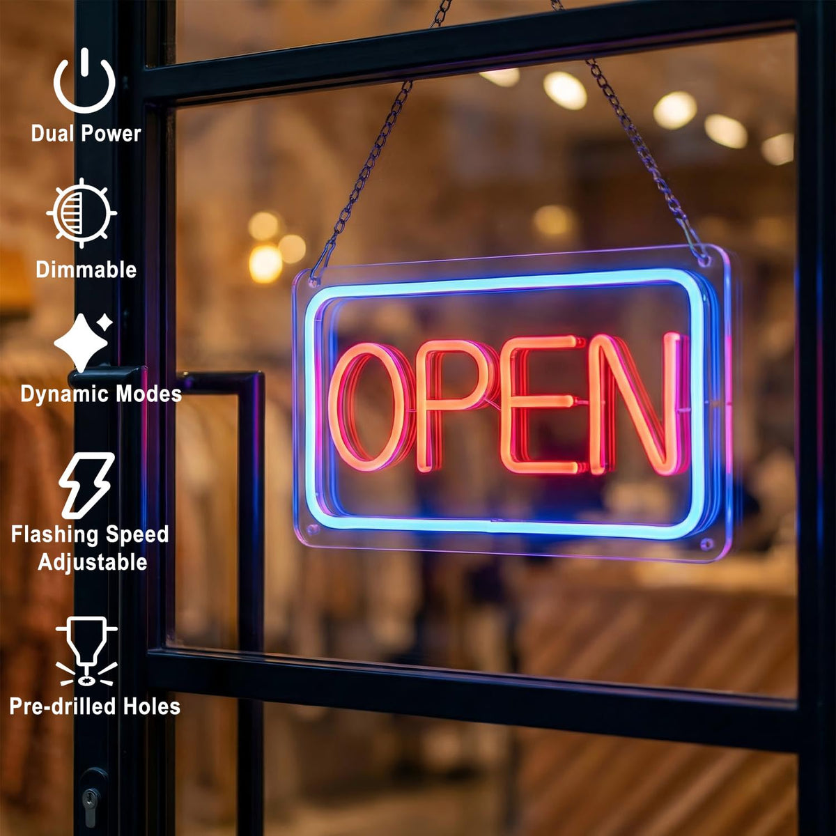 16-Inch 5-Mode Flashing and Dimmable LED Neon Open Sign 16 Inch Horizontal