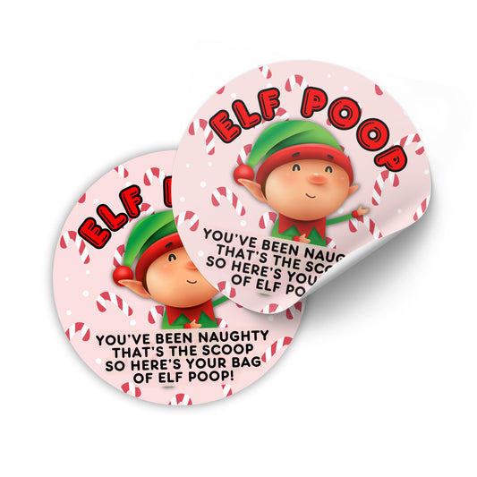 Elf Poop Christmas Chocolate Chips in a Bag Gag Gift Sticker Labels | 40 pk 2” Circle Stocking Stuffer Candy Grouch Pills Magical Reindeer Food Sack
