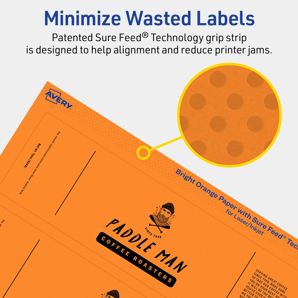 Avery® Printable Rectangle Labels, Sure Feed® Technology, 2-1/4" x 7-3/4", Bright Orange Labels, Print-to-The-Edge, Laser/Inkjet Printable, 80 Total, Great for Candles and Jars 80 labels