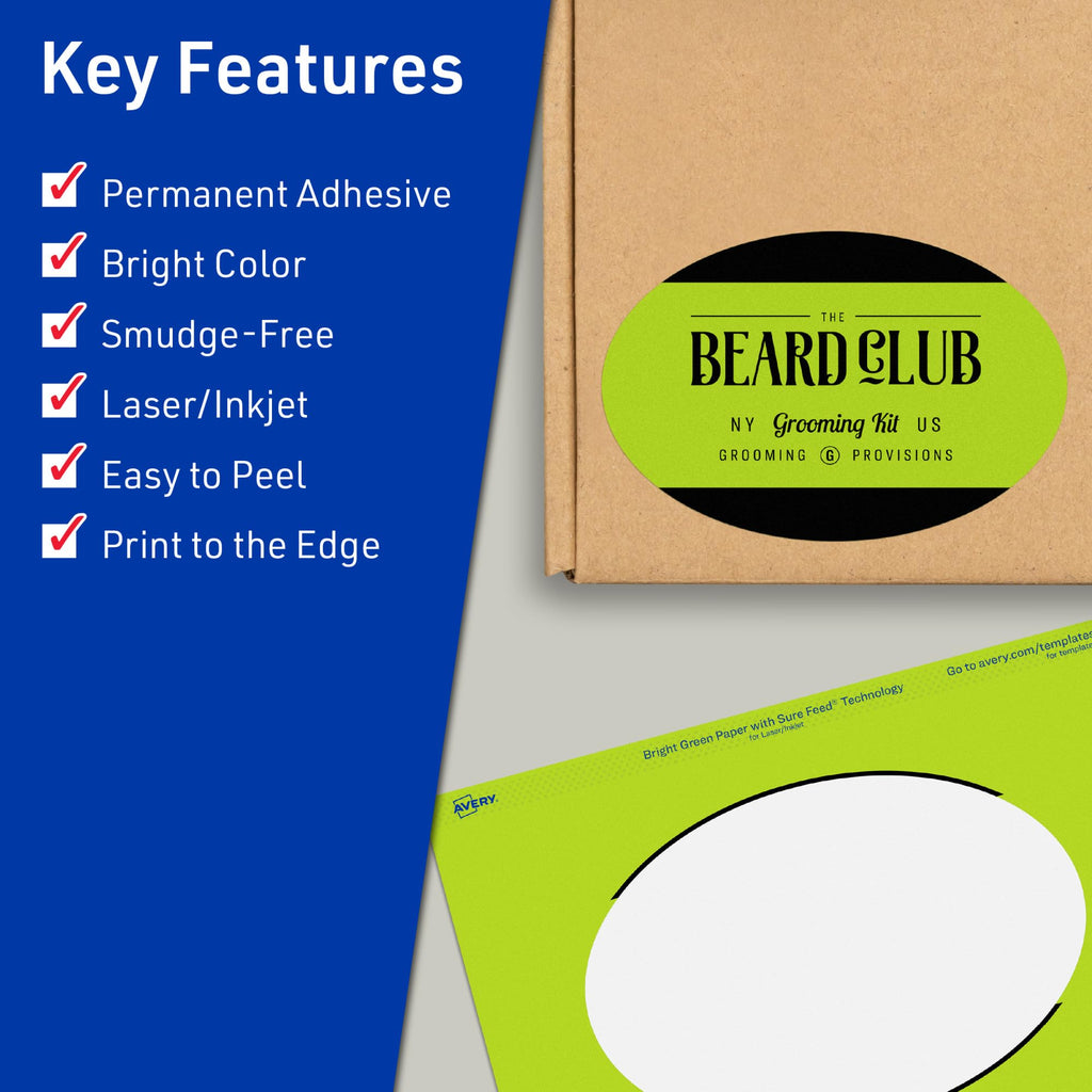 Avery Printable Oval Labels, Sure Feed Technology, 4" x 6", Bright Green Labels, Print-to-The-Edge, Laser/Inkjet Printable, 40 Total, Great for Packaging and Candles 40 labels