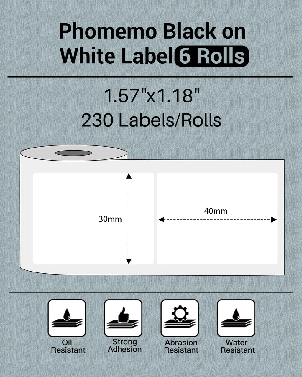 Phomemo 1.57"x1.18"(40x30mm) Label, 6 Rolls M110/M100/M150/M250/M220 Thermal Paper - Multi-Purpose Square Self-Adhesive Label, 230 Labels/Roll, Black on White (Pack of 2)