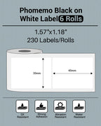 Phomemo 1.57"x1.18"(40x30mm) Label, 6 Rolls M110/M100/M150/M250/M220 Thermal Paper - Multi-Purpose Square Self-Adhesive Label, 230 Labels/Roll, Black on White (Pack of 2)