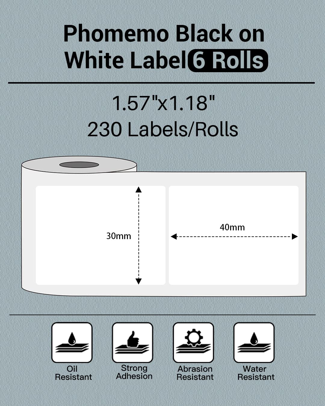 Phomemo 1.57"x1.18"(40x30mm) Label, 6 Rolls M110/M100/M150/M250/M220 Thermal Paper - Multi-Purpose Square Self-Adhesive Label, 230 Labels/Roll, Black on White (Pack of 2)