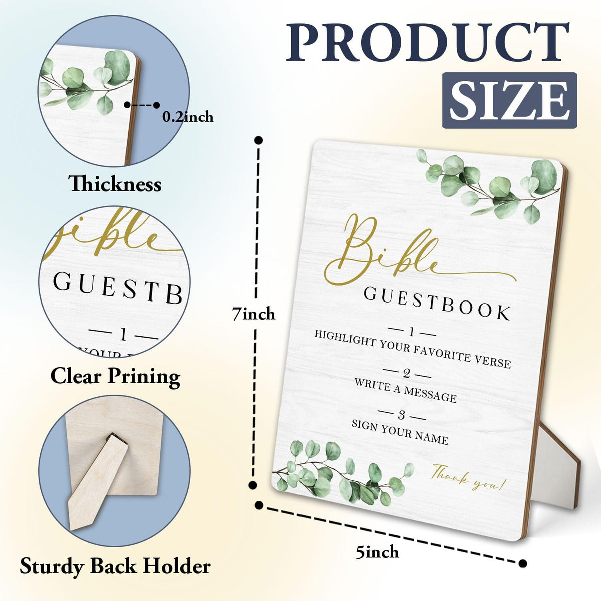 Bible Guest Book Sign 5"X7", Wedding Bible Guest Book Wooden Stand Sign, Wedding Table Decor for Ceremony & Reception (Green Leaves, 5x7 Inch) 5"X7" Green Leaves