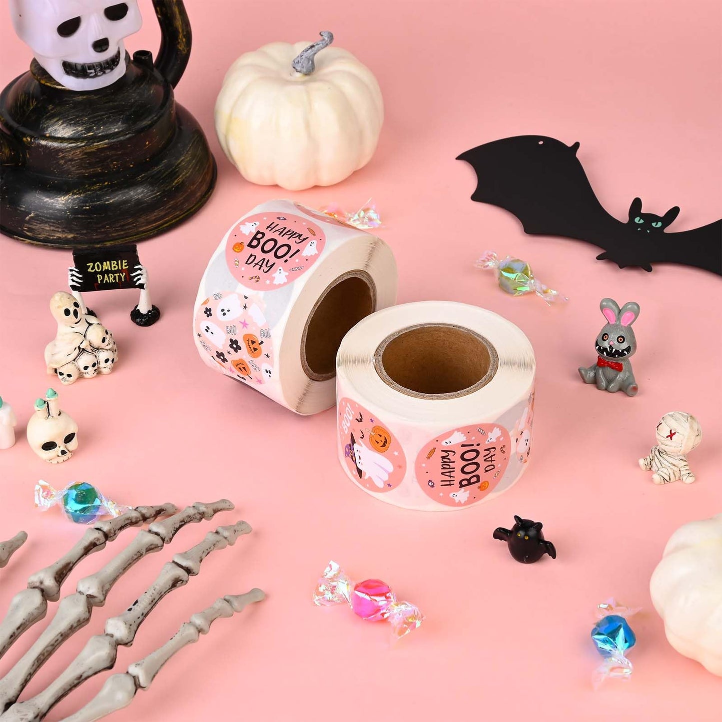 1000Pcs Halloween Stickers Roll Pink Black Cute Ghost Boo Self-Adhesive Round Stickers for Halloween Party Gift Bags Self-Sealing Supplies, 8 Design