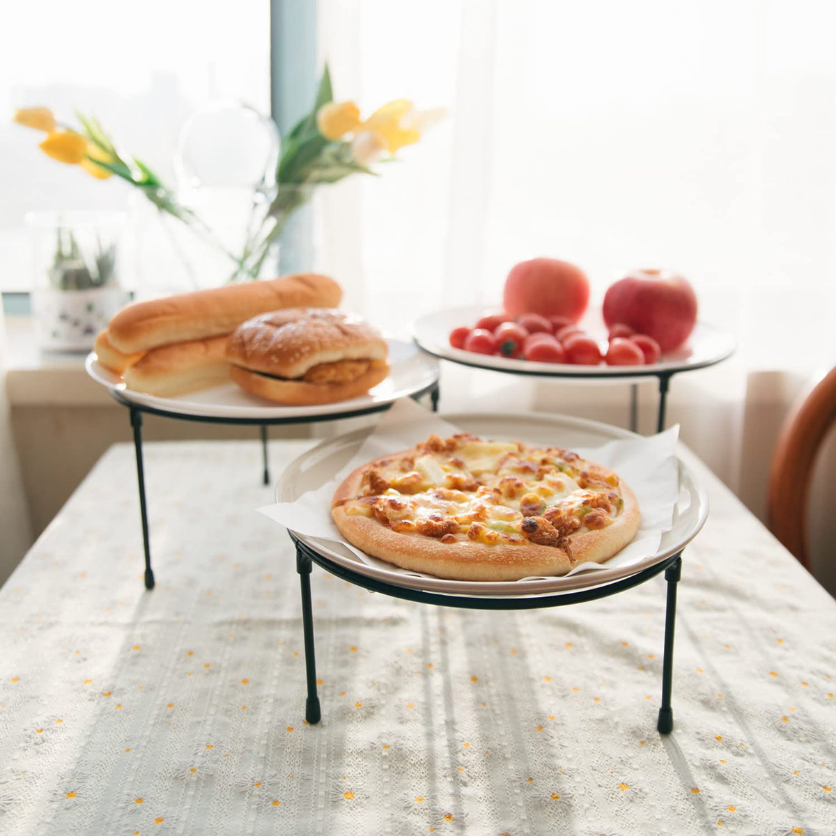 HPC DECOR Set of 3 Black Metal Wire Pizza Pan Riser Stands- Round Pizza Tray Riser Rack - Tabletop Display Racks for Food Platter Tray- Metal Display Stands for Home, Restaurant and Party Black Round Set of 3