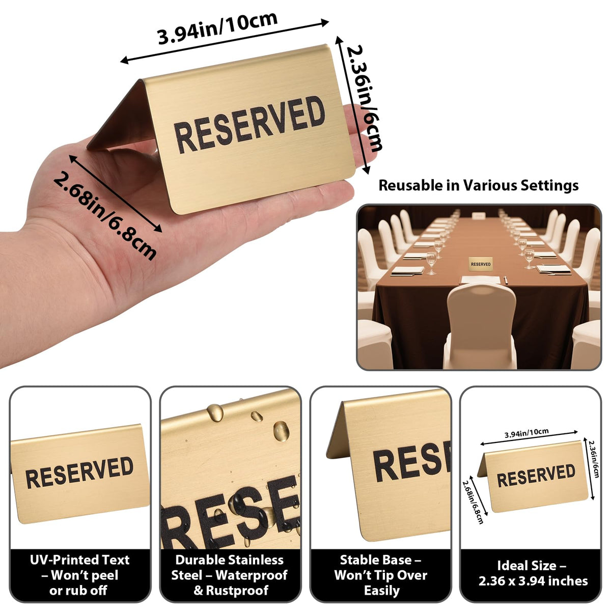 Stainless Steel Reserved Table Sign, Set of 6, 2.36 x 3.94 Inch Tent-Style Signs, Brushed Gold Metal, Durable and Easy to Read for Restaurants, Cafes, Hotels, Weddings, and Events (Gold)