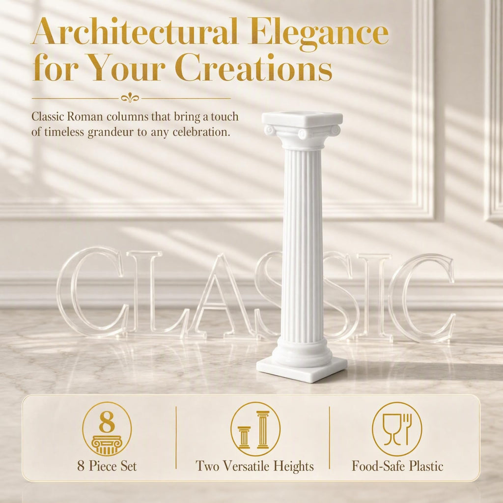 DECHOUS Roman Column Cake Pillars, White Plastic, 8 Pack