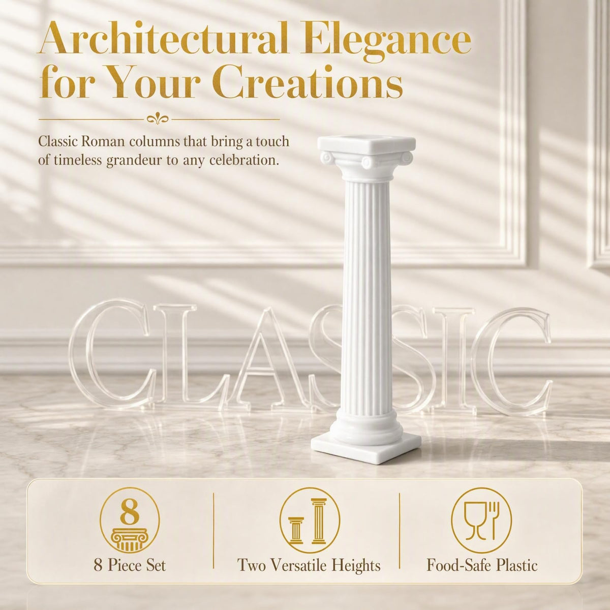 DECHOUS Roman Column Cake Pillars, White Plastic, 8 Pack