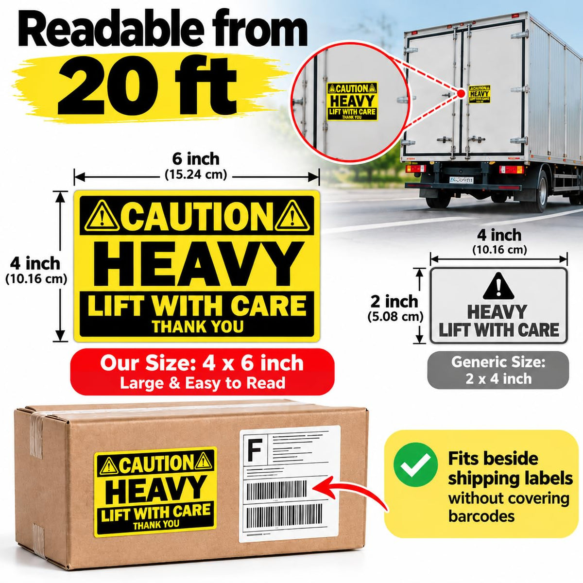 100 Caution Heavy Shipping Labels, 4 x 6 Inch 4x6