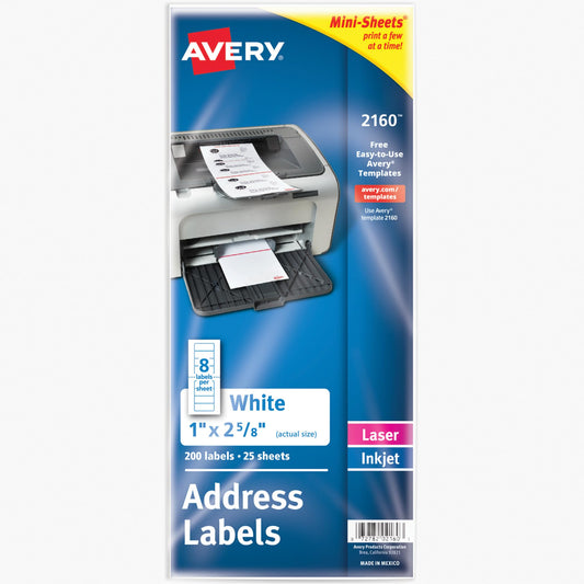 Avery Printable Mini-Sheets Address Labels, 1" x 2-5/8", White, Permanent Adhesive, Laser/Inkjet Compatible, 200 Blank Stickers Total, Great for Printing a Few Labels at a Time (2160)