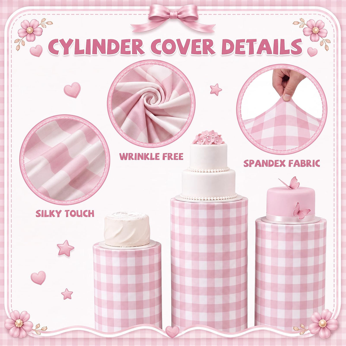 Tigeen 3 Pcs Cylinder Pedestal Stand Covers, Gingham, Pink and White