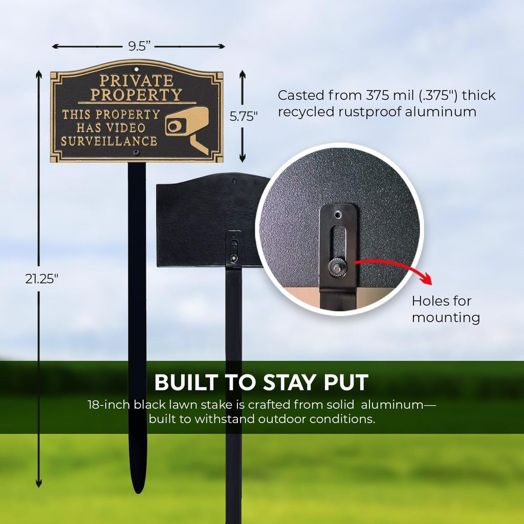 SmartSign “Private Property - This Property Has Video Surveillance” GardenBoss Statement Plaque | 5.75" x 9.5" Aluminum Plaque with 18" Black Lawn Stake, Made in USA Private Property - This Property Has Video Surveillance