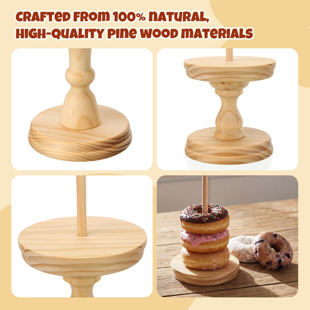 Gerrii 3 Pcs Wooden Donut Stand for Dessert Table 19.5"/17"/14.6" Farmhouse Unfinished Wood Donut Holder Display Stacker Detachable Rustic Dessert Table Tower for Birthday Party (Wood, Brown)