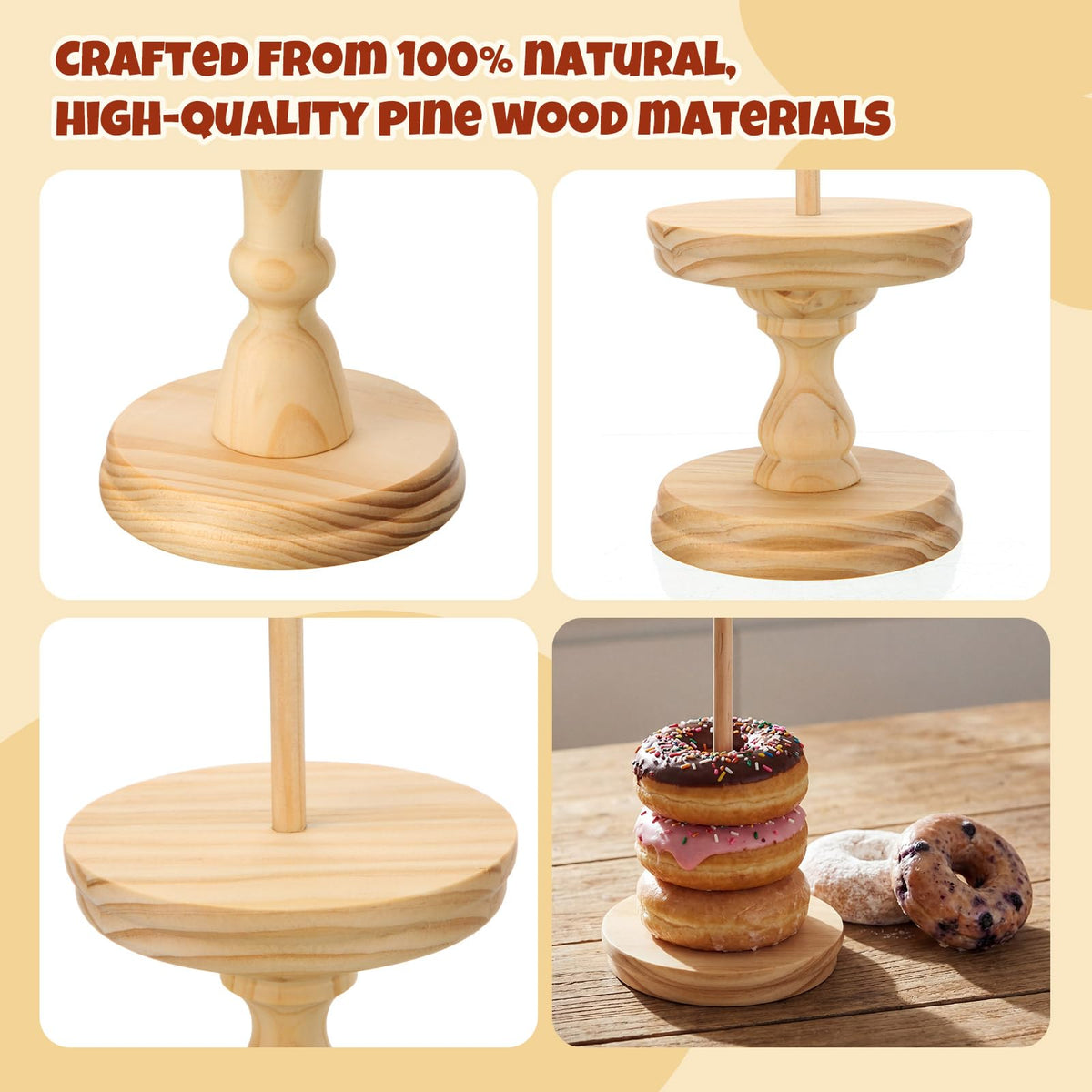 Gerrii 3 Pcs Wooden Donut Stand for Dessert Table 19.5"/17"/14.6" Farmhouse Unfinished Wood Donut Holder Display Stacker Detachable Rustic Dessert Table Tower for Birthday Party (Wood, Brown)