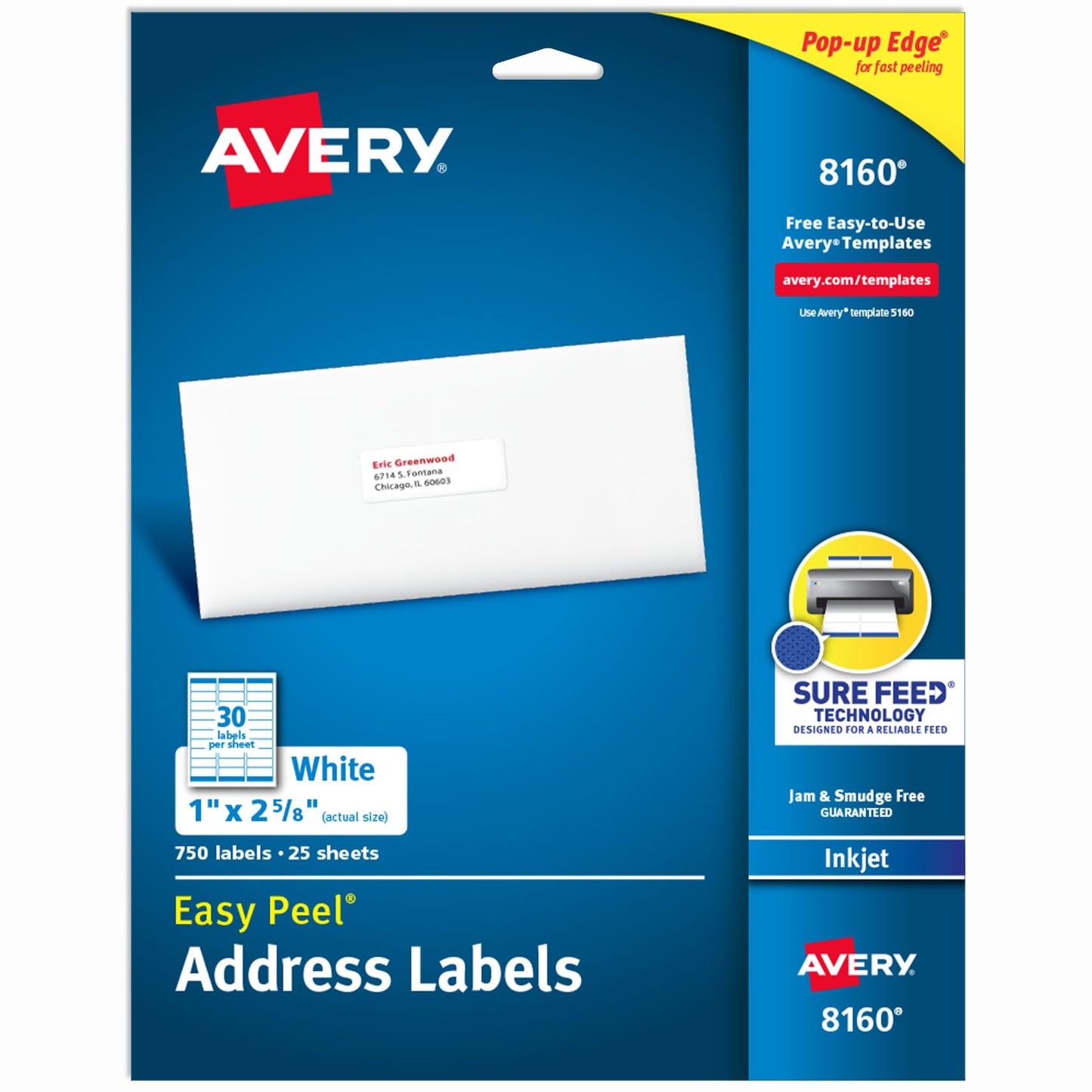 Avery Easy Peel Printable Address Labels with Sure Feed, 1" x 2-5/8" Customizable Stickers, White, 750 Blank Mailing Labels, Great for Mailing, Shipping, and More (8160) 750 labels