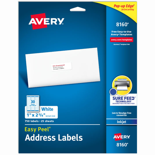 Avery Easy Peel Printable Address Labels with Sure Feed, 1" x 2-5/8" Customizable Stickers, White, 750 Blank Mailing Labels, Great for Mailing, Shipping, and More (8160) 750 labels