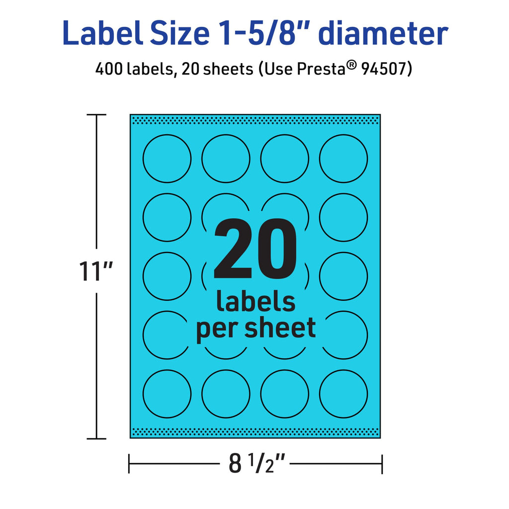 Avery® Printable Round Labels, Sure Feed® Technology, 1-5/8" Diameter, Bright Blue Labels, Print-to-The-Edge, Laser/Inkjet Printable, 400 Total, Great for Stickers and Candles 400 labels